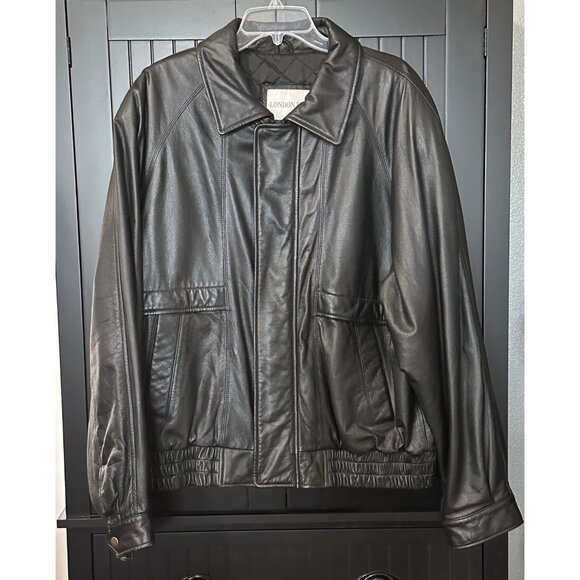London Fog Genuine Leather Jacket Mens Size L Zip Front Bomber Coat Black - Picture 1 of 10